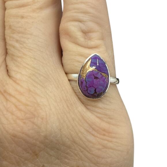 Pear Cut Purple Copper Turquoise Ring Solid 925 Sterling Silver US Size 5 - Picture 7 of 7